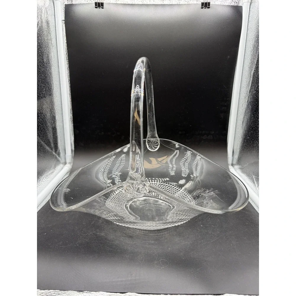 Vintage Clear Glass Tricorn Basket with Hobnail Base and High Arch Handle‎